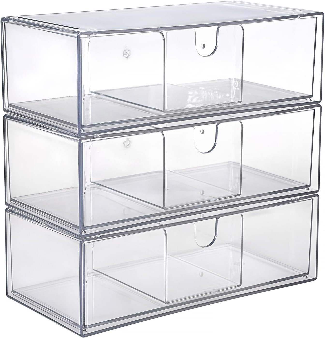 Hipiwe Acrylic Storage Drawers 3-Tier Stackable Bathroom Makeup Organizer Cotton Swabs Qtip Holder for Vanity Cosmetics Clear Desktop Organizer with Removable Dividers, 8.1"Lx 3.9"Wx7.8"H