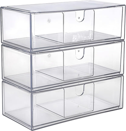 Hipiwe Acrylic Storage Drawers 3-Tier Stackable Bathroom Makeup Organizer Cotton Swabs Qtip Holder for Vanity Cosmetics Clear Desktop Organizer with Removable Dividers, 8.1"Lx 3.9"Wx7.8"H