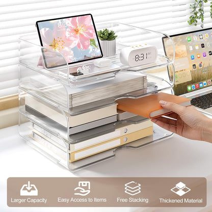 4-Tier Large-Capacity Paper Organizer, Clear Stackable Desk Organizer & Acrylic Paper Tray, Transparent & Easy Access,Desk File Organizer for Home Office & School