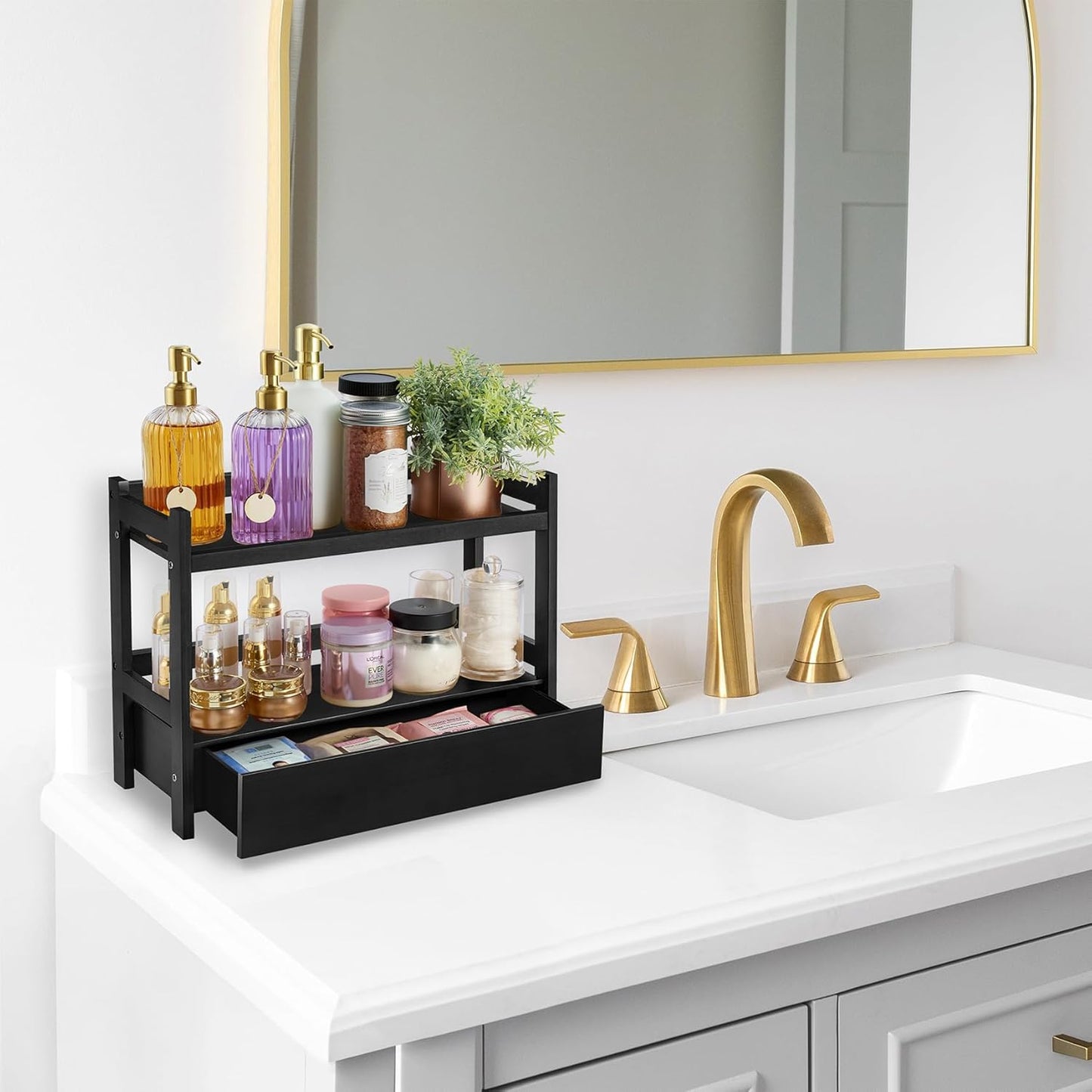 Sorbus Bamboo Bathroom Counter Organizer – 2-Tier Shelf with Hidden Drawer for Vanity, Matcha Station, Bathroom Sink Organizer Countertop, Kitchen & Office Storage (13″ L x 6.5″ W x 12.6″ H)