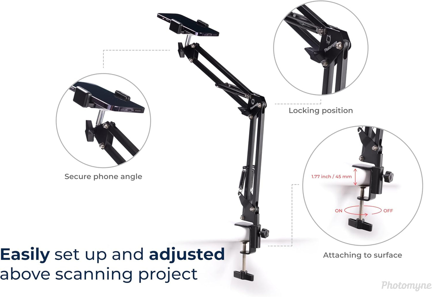 PHOTOMYNE Sturdy Flexible Phone Holder for Desk, Table, Office, Kitchen with Clamp for Photo Album Scanning, iPhone Holder for Desk- Black