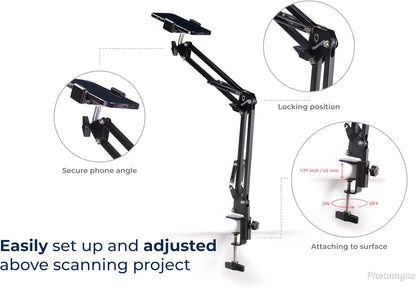 PHOTOMYNE Sturdy Flexible Phone Holder for Desk, Table, Office, Kitchen with Clamp for Photo Album Scanning, iPhone Holder for Desk- Black
