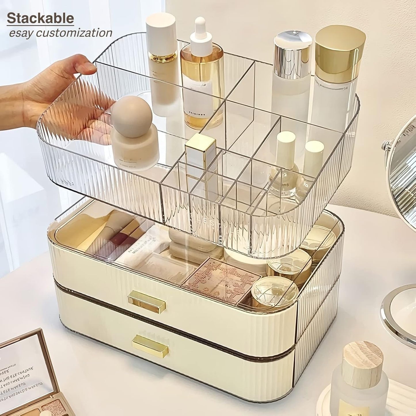 Stackable Cosmetics Organizer Drawers, Bathroom Vanity Makeup Organizers and Storage, Ideal for Desk and Dresser Countertops, Great for Palette, Skincare, Lipsticks, Nail Care. Green
