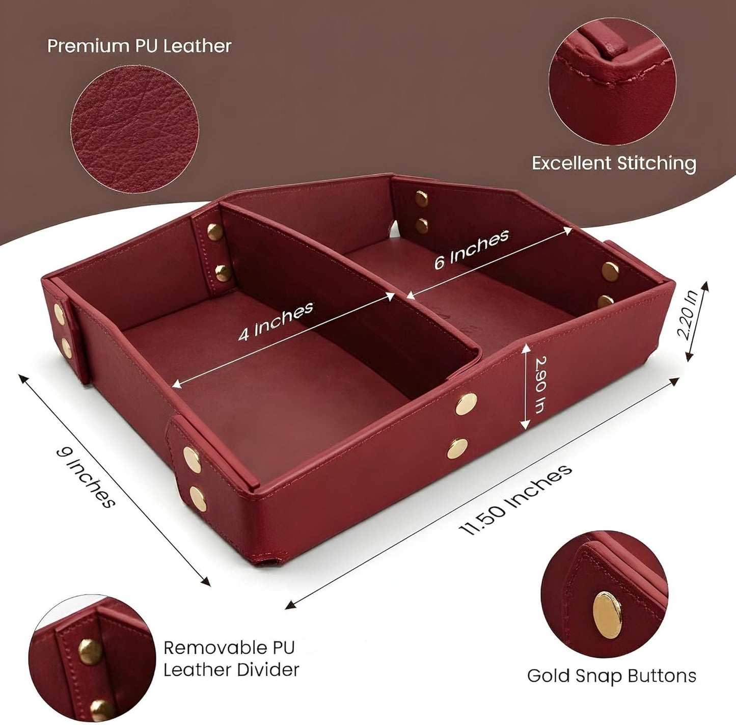 Valet Tray Organizer for Men & Women - PU Leather Catch All Tray with Removable Divider - EDC Storage for Keys, Watch, Phone - Nightstand, Dresser & Desk Organizer - Pacific Navy
