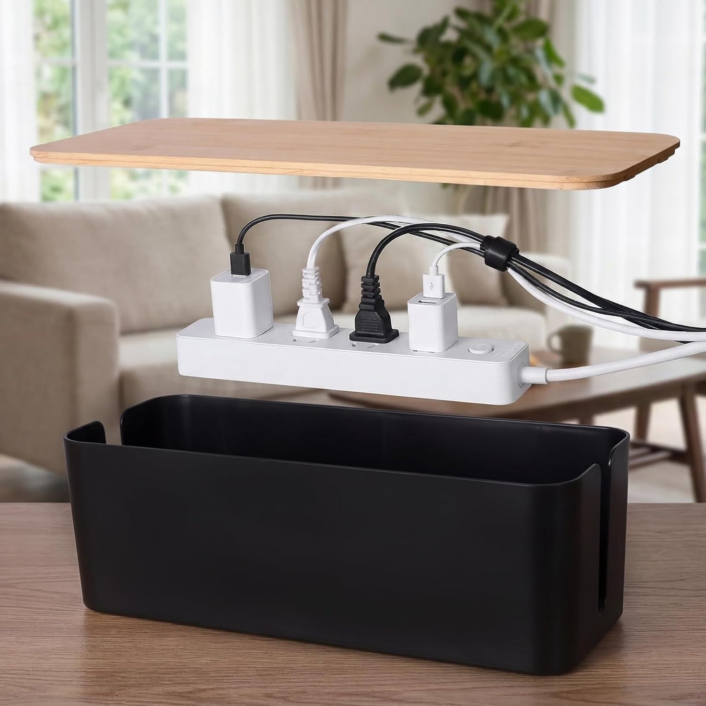 2 Pack Cable Management Box - Cord Organizer Box with Wooden Lid for TV Wires, Power Strips, Router, USB Hub & Under Desk Power: Baby & Pet Proof Cord Management, Cord Hider for Home & Office (White)