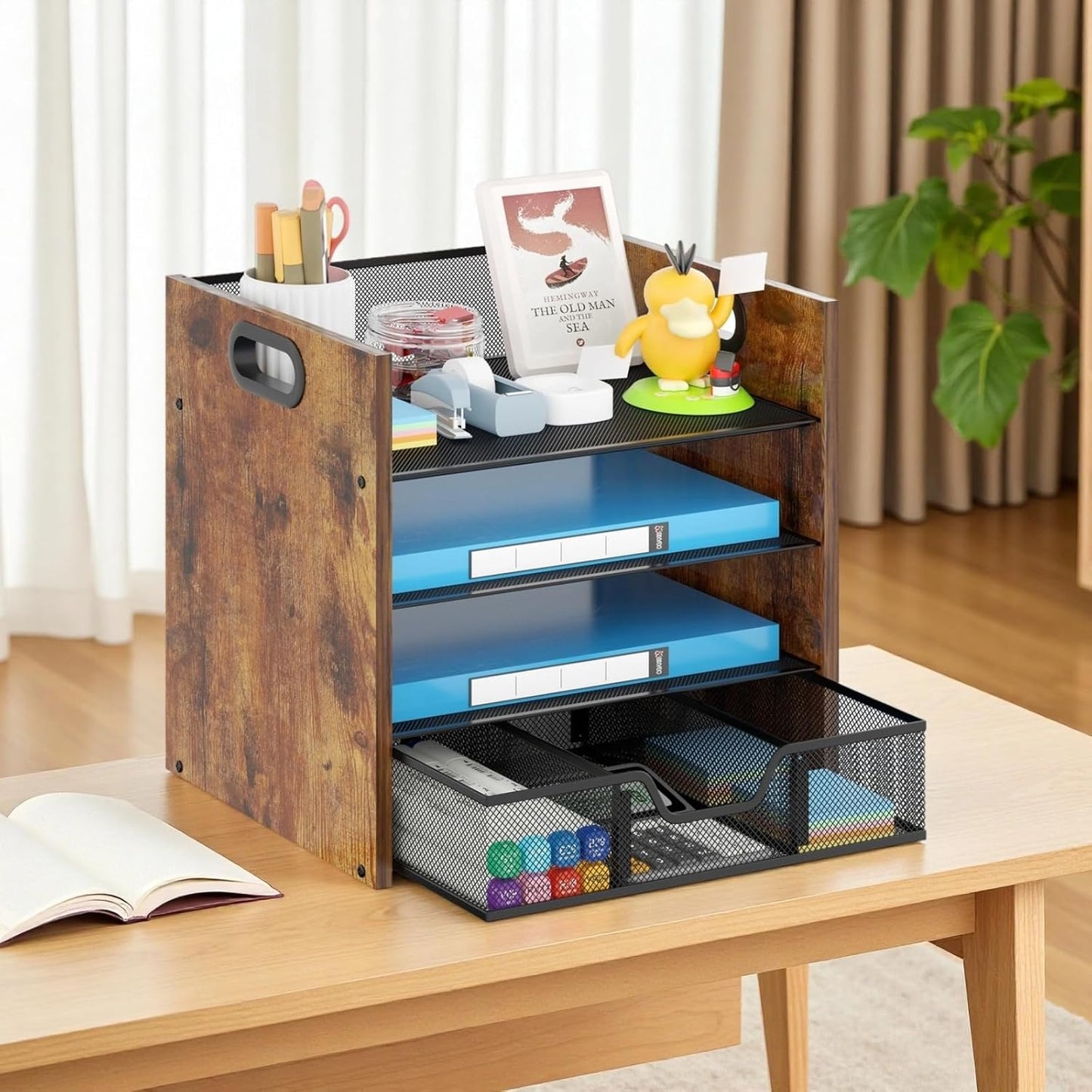 Wood Desk Organizer - 3-Tier Desktop File Organizer with Drawer, Wooden Paper Tray, Office Desk Organzier and Accessories for Papers, Mail, Notebooks, Stationery