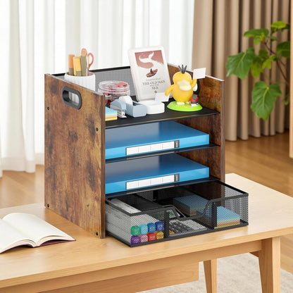 Wood Desk Organizer - 3-Tier Desktop File Organizer with Drawer, Wooden Paper Tray, Office Desk Organzier and Accessories for Papers, Mail, Notebooks, Stationery