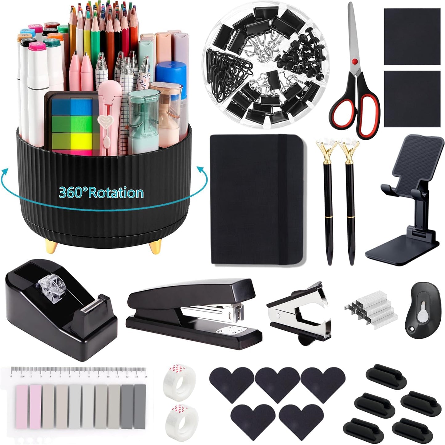 suniya Office Supplies,Gold Desk Accessories,with Stapler,Tape Dispenser,Pen Holder,Scissors,Phone Stand,Staple Remover,Ballpoint Pen,Clear Tape, Staples,Ruler,Clips,Best Gift for Business or Boss