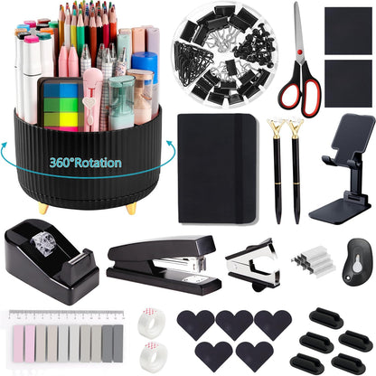 suniya Office Supplies,Gold Desk Accessories,with Stapler,Tape Dispenser,Pen Holder,Scissors,Phone Stand,Staple Remover,Ballpoint Pen,Clear Tape, Staples,Ruler,Clips,Best Gift for Business or Boss