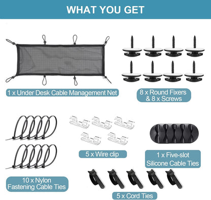 Under Desk Cable Management Net, 36PCS Under Table Cord Management Mesh Organizer Flexible Wire Hiders, Extra Large Capacity Wire Management Kit Under Desk, Fits Most Tables
