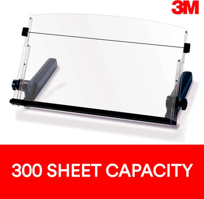3M Adjustable Document Copy Holder, In-line with Monitor Minimizing Head and Neck Movement, 300 Sheet Capacity Holds Sheets to Books, Elastic Line Guide Keeps Pages Open, 18" Wide, Black (DH640)