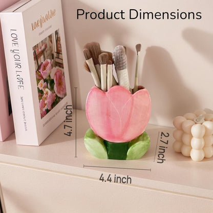 Pink Pencil Holder,Ceramic Tulip Pen Holder, Multi-Purpose Makeup Brush, Aesthetic Office Vanity Kitchen Desktop Decor,Perfect Birthday Christmas Gift for Women Girls