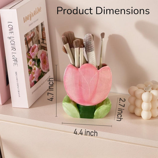 Pink Pencil Holder,Ceramic Tulip Pen Holder, Multi-Purpose Makeup Brush, Aesthetic Office Vanity Kitchen Desktop Decor,Perfect Birthday Christmas Gift for Women Girls