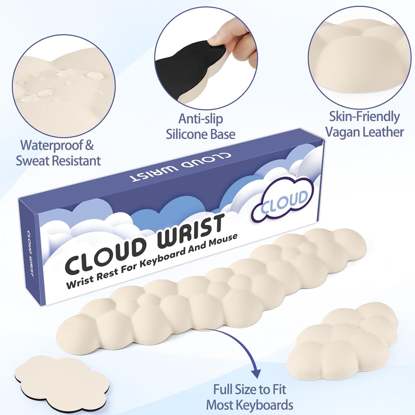 Sushret Cloud Wrist Rest for Keyboard and Mouse, Memory Foam PU Leather Keyboard Wrist Rest with Ergonomic Support, Non-Slip Base, Cute Arm Rest Pad & Palm Cushion, Office Desk Accessory, White