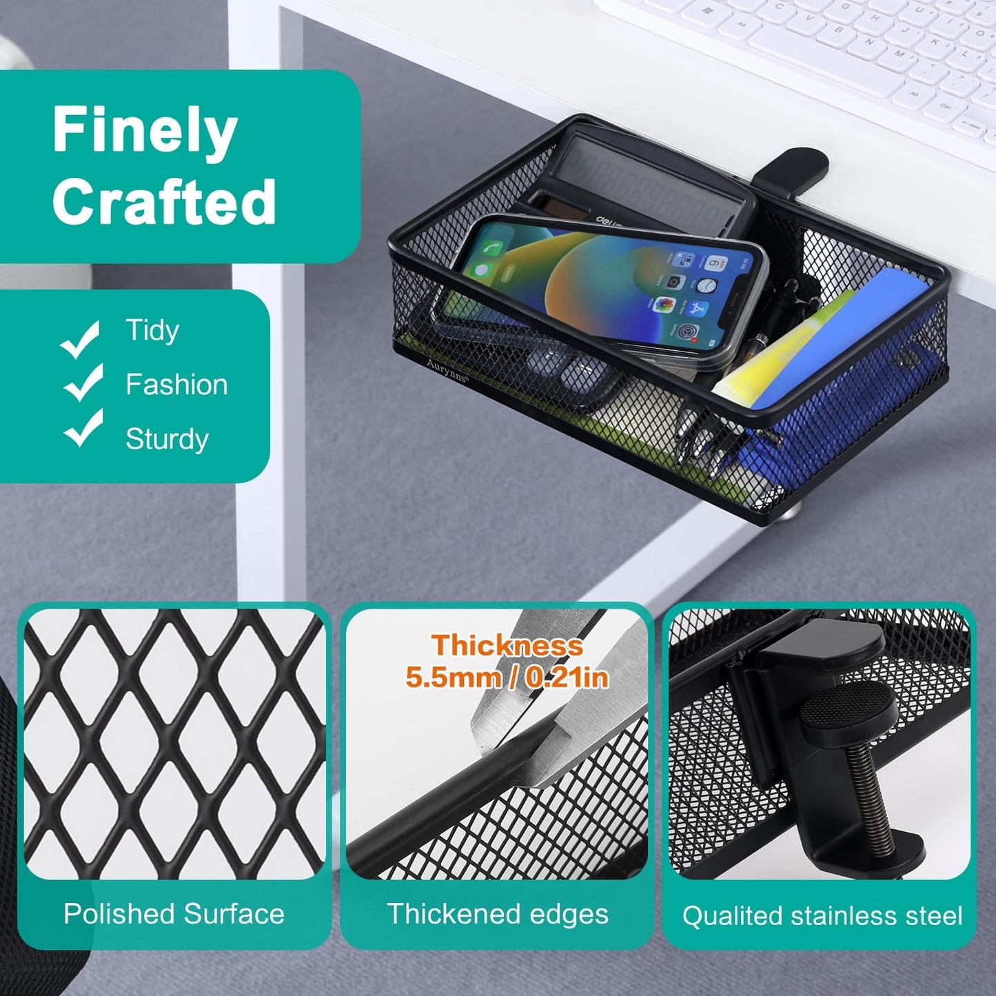 Under Desk Drawer Organizer - Clamp-On Above or Below Desk Mesh Drawer for Office Accessories, Storage Tray, and Desktop Organizer (White - Small)