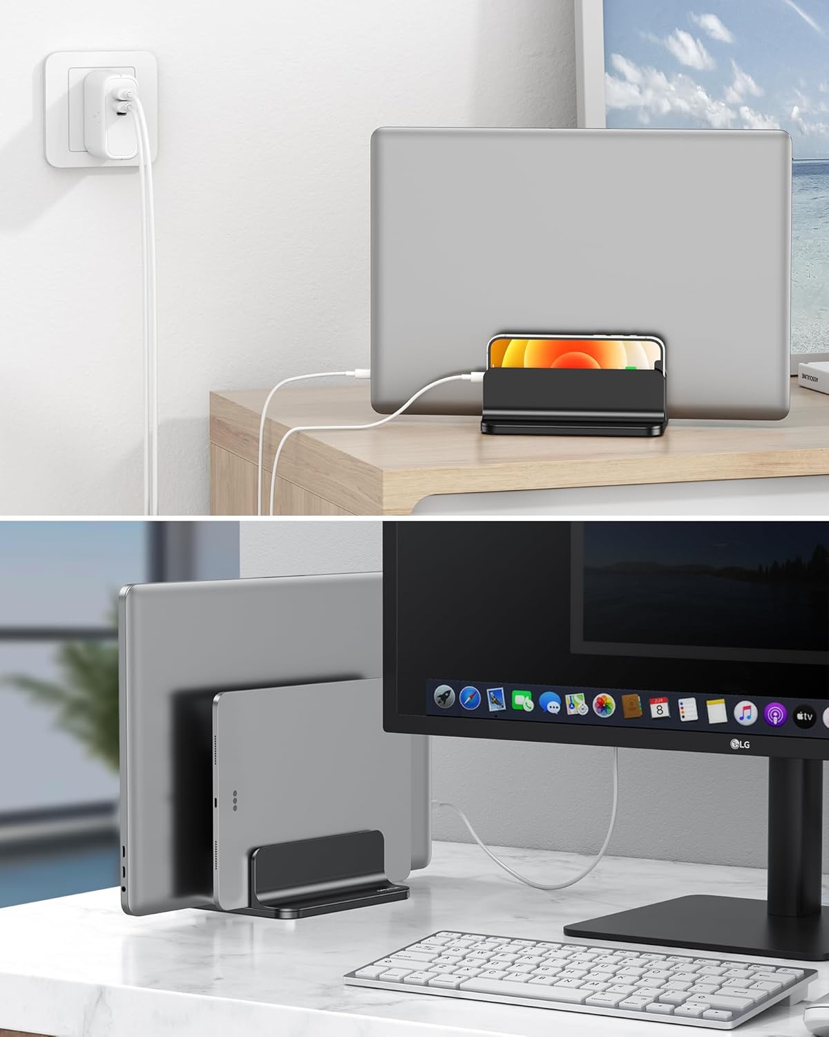 OMOTON Vertical Laptop Stand [Updated 3-Slots Version], Desktop Aluminum Mac Book Stand with Adjustable Dock Size, Fits All Mac Book, Chrome Book and Gaming Laptops (Up to 17.3 inch), Starlight