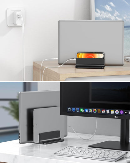 OMOTON Vertical Laptop Stand [Updated 3-Slots Version], Desktop Aluminum Mac Book Stand with Adjustable Dock Size, Fits All Mac Book, Chrome Book and Gaming Laptops (Up to 17.3 inch), Starlight
