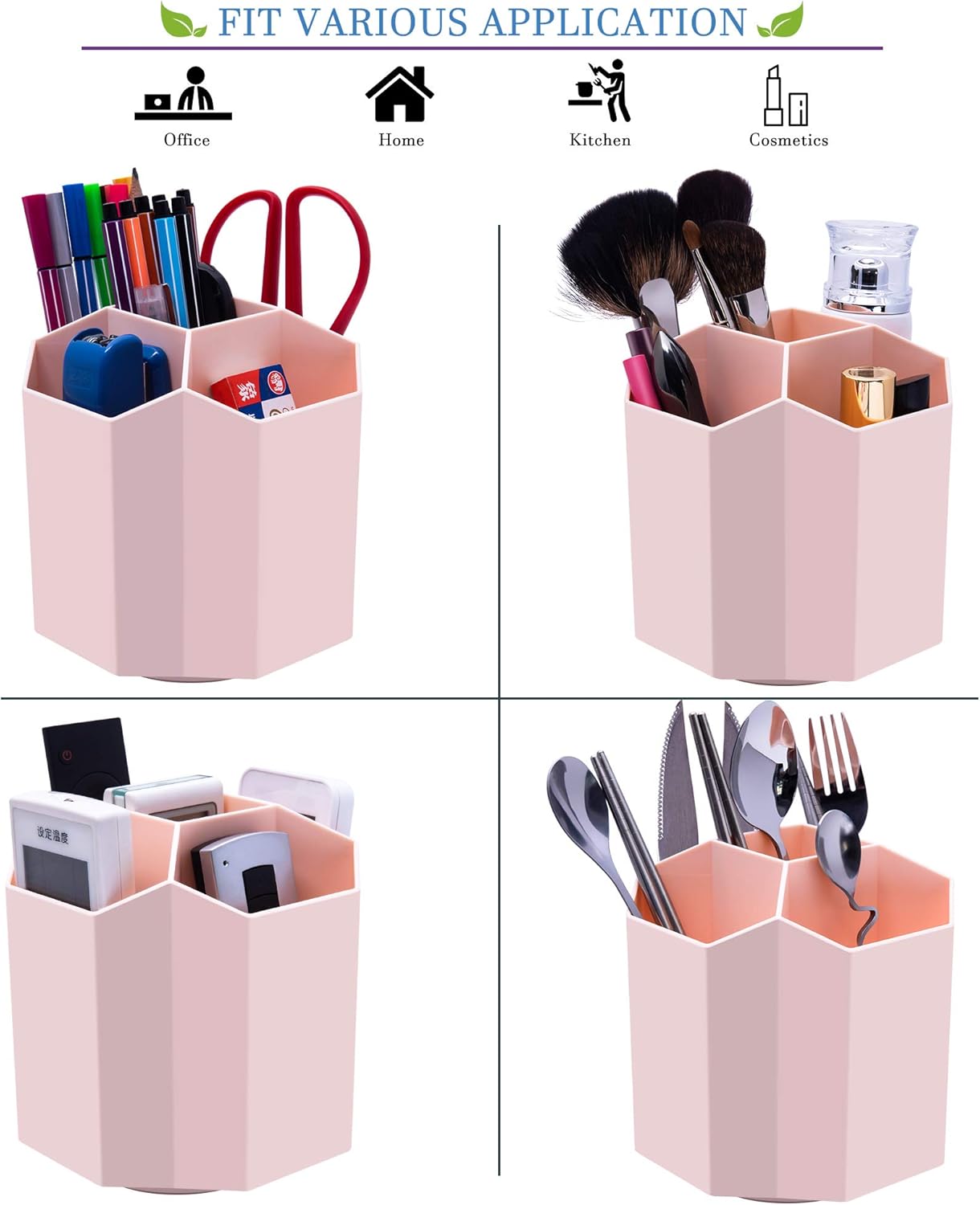 Siveit Desk Pencil Pen Holder, Rotating Pen Organizers 360-Degree 5 Grid Pen Holder for Desktop Storage Stationery Supplies Organizer, Home, Office, School, Kids, Peach Pink