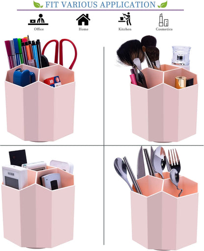 Siveit Desk Pencil Pen Holder, Rotating Pen Organizers 360-Degree 5 Grid Pen Holder for Desktop Storage Stationery Supplies Organizer, Home, Office, School, Kids, Peach Pink