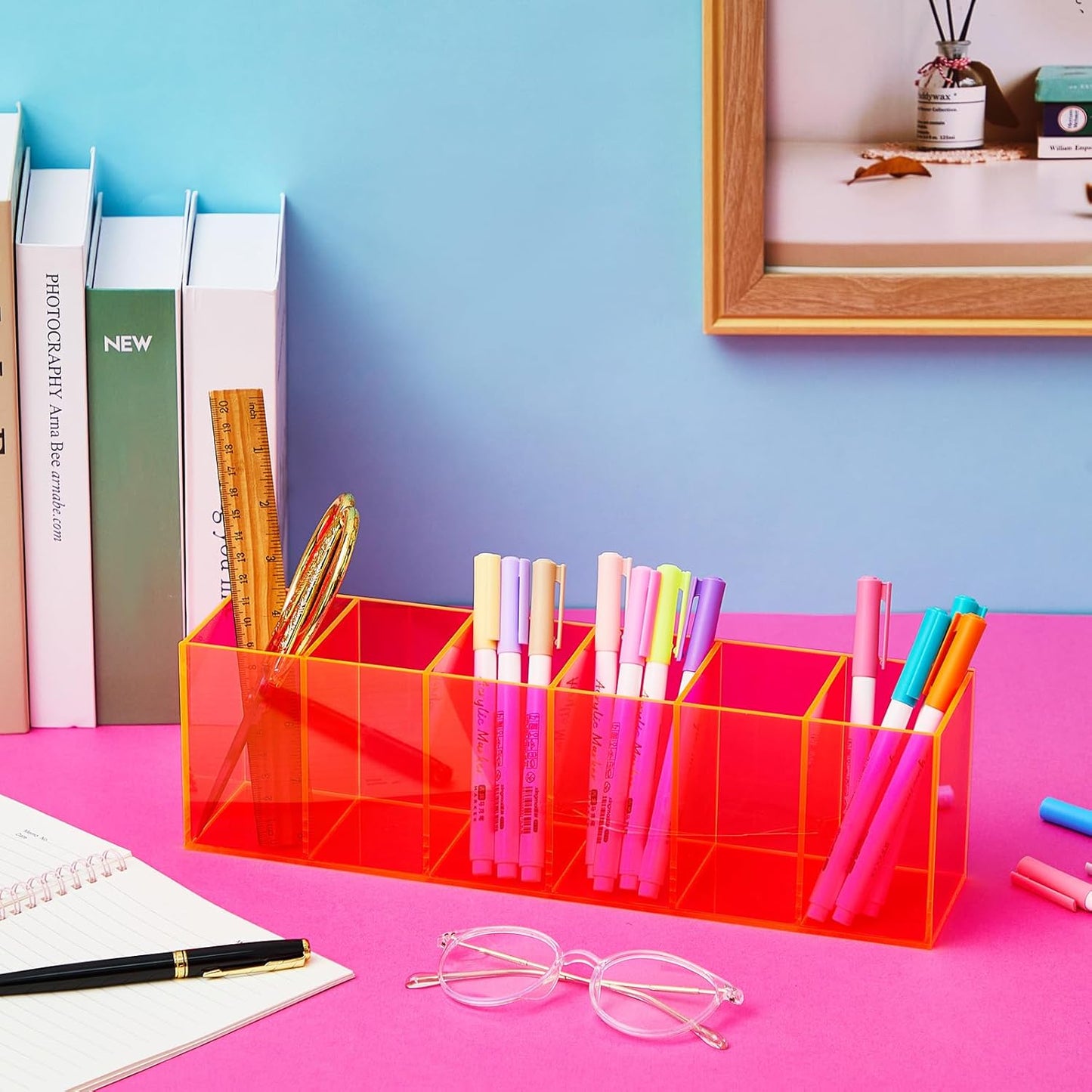 Jetec Acrylic Pen Holder 6 Compartments Makeup Brush Stationery Organizer Pencil Holder for Desk Accessories, Cosmetic Brushes, Dorm, Home, Bathroom, Kitchen, Office Supplies(Neon Pink)