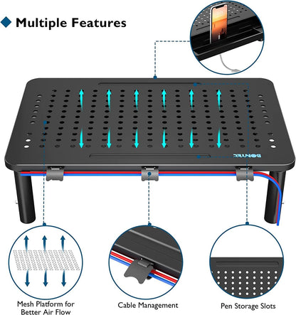 BONTEC 2 Pack Adjustable Monitor Stand Riser with Drawer, Ergonomic Mesh Platform Computer Monitor Stand for Desk, Ventilated Laptop and PC Stand with Cable Management, Supports up to 44lbs