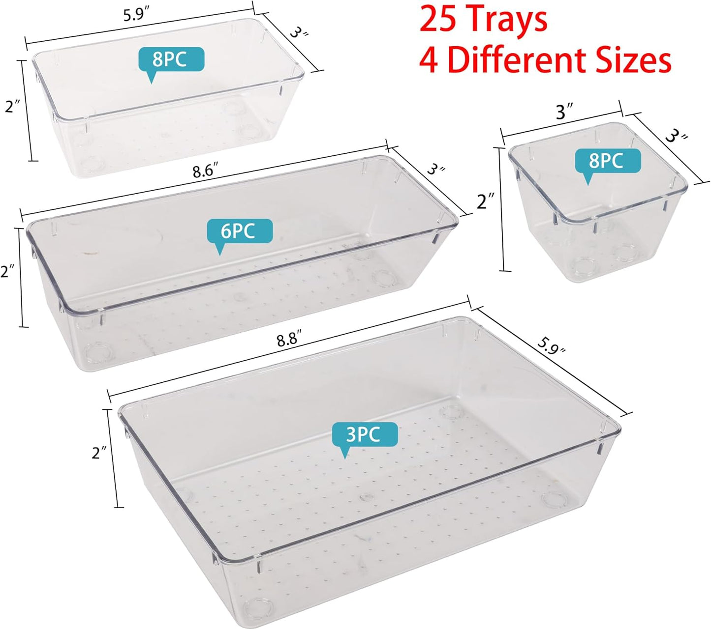 Drawer Organizer with Non-Slip Silicone Pads Set of 15,Clear Plastic Vanity Organizer Storage Bins Containers,4 Size Desk Organizer Tray