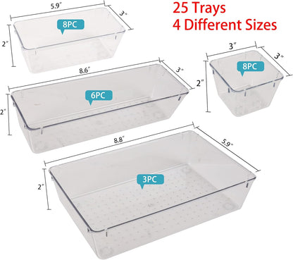 Drawer Organizer with Non-Slip Silicone Pads Set of 15,Clear Plastic Vanity Organizer Storage Bins Containers,4 Size Desk Organizer Tray