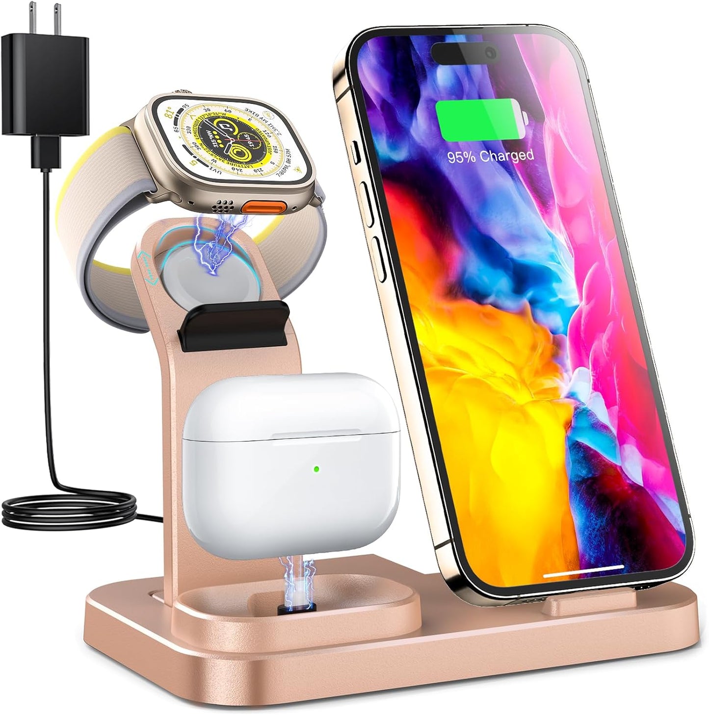 Wireless Charging Station 3 in 1 RJR Compatible with Apple Devices, Charging Dock for iWatch, Built-in Wireless Charger Stand for iPhone Series AirPods Gifts (with 18W Adapter) Graphite Black