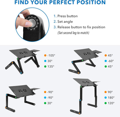 Mount-It! Adjustable Laptop Stand & Lap Desk with USB Cooling Fans, Large Aluminum Laptop Tray with Mouse Pad, Portable Sit-Stand Laptop Desk for Bed, Couch & Table