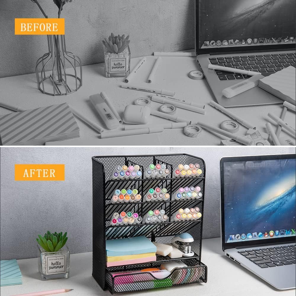 Spacrea Pen Holder Desk Organizer - Desk Organizers and Accessories, Pencil Holder with 10 Compartments and 1 Drawer（Rose Gold）