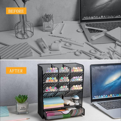 Spacrea Pen Holder Desk Organizer - Desk Organizers and Accessories, Pencil Holder with 10 Compartments and 1 Drawer（Rose Gold）