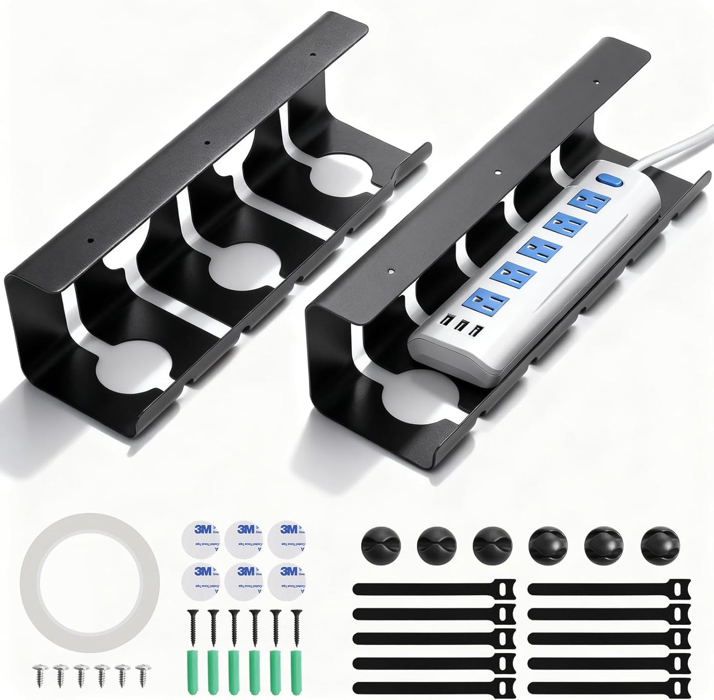 Under Desk Cable Management, 2 Pack 17" Cable Tray Organizer, No Drill or Screw Mount, Standing Desk Cable Management, Cord Organizer, White