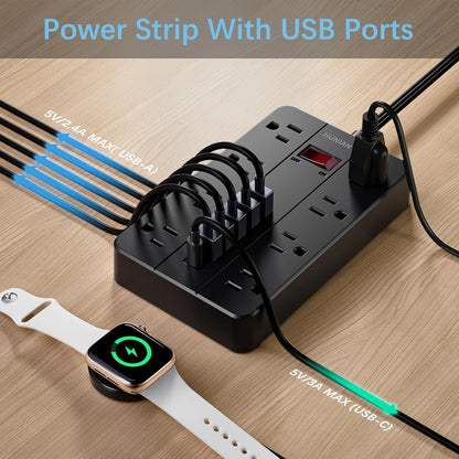 Power Strip with USB, Flat Plug Extension Cord Surge Protector 5 Ft, HUNIAN Power Strip with 8 Widely Spaced Outlets 6 USB Charger (1 USB C Port), Desk Charging Station for Home Office, White
