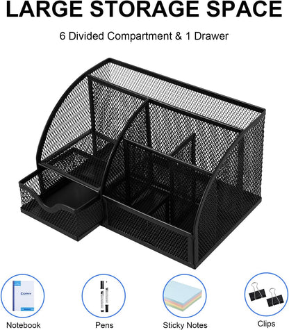 Comix Mesh Pen Pencil Holder Desk Organizer, 3 Compartment Wire Desktop Pen Pencil Cup Caddy Office Supplies Desk Accessories for Home Office School, Black