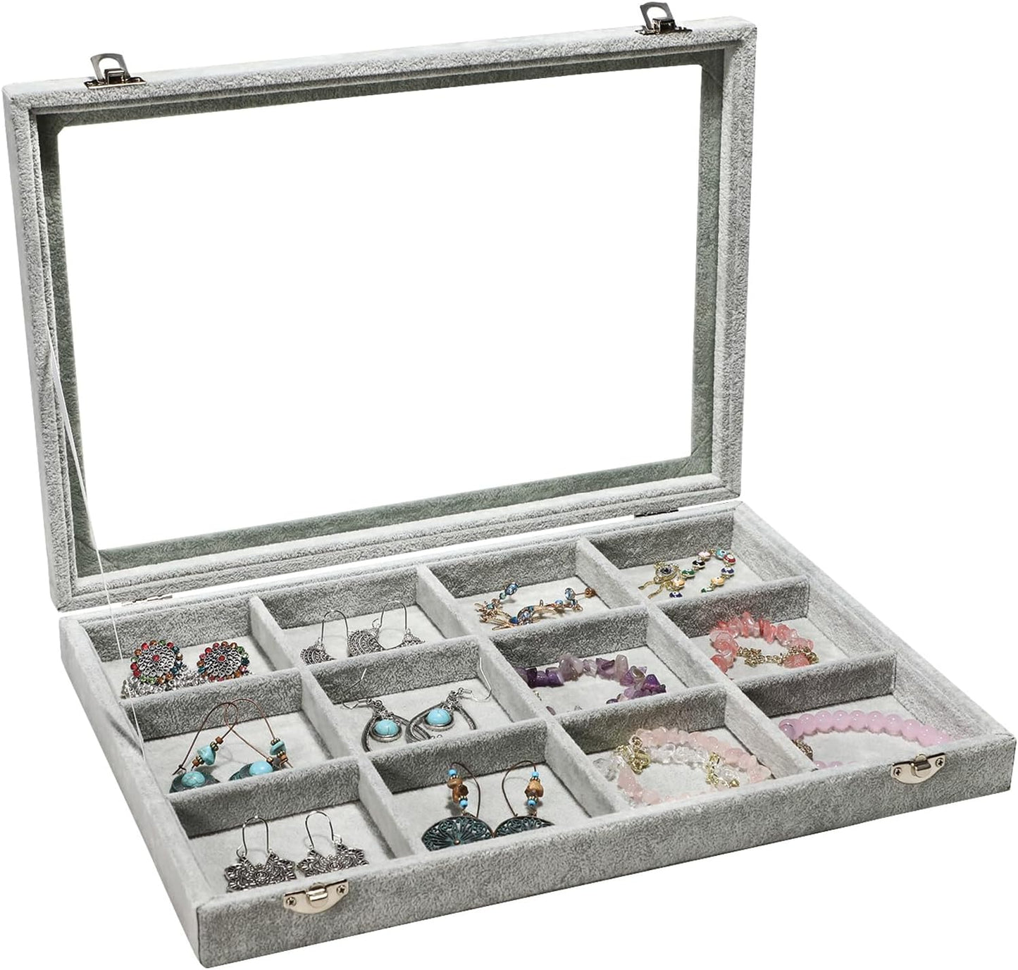 Stratalife Jewelry Organizer Bracelet Organizer Storage Box 12 Grid Stackable Jewelry Tray with Lid Velvet Jewelry Box for Drawer Necklace Bracelet Display Storage Organizer Box (Beige)