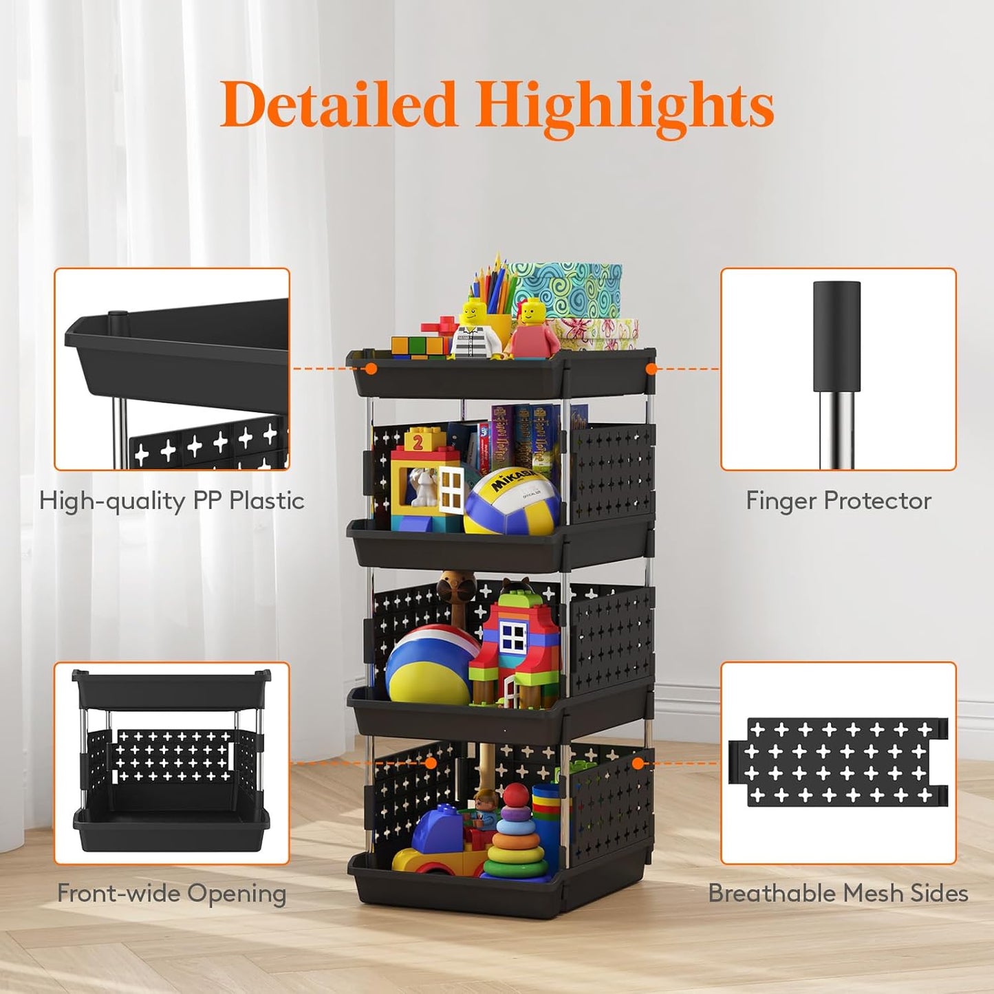 Lifewit Plastic Stackable Storage Baskets, 4 Tier Stacking Bins for Food and Clothes, Multifunctional Organizer for RV, Kitchen, Playroom, Pantry and Bathroom, 13.8"D x 11.8"W x 28.3"H, 1 Pack, White