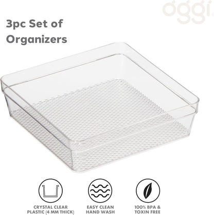 Oggi Set of 5 Clear Drawer Organizers - (1) 3x6.25, (2) 3x9.5, (2) 3x12.5 - Ideal for Organizing Kitchen Drawers, Office, Desk, Silverware, Kitchen Utensils, Cosmetics and Bathrooms