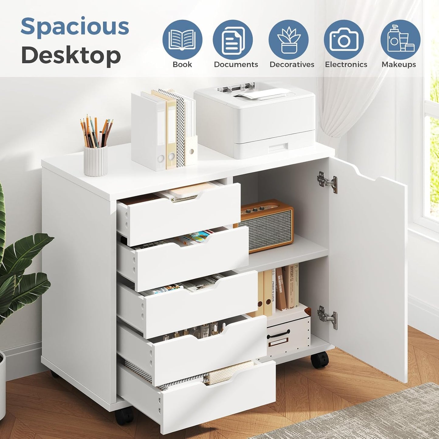 DUMOS 5 Drawer File Cabinet Office Drawers Organizer with Wheels Rolliing, Under Desk Cabinets with Shelves and Door Printer Stand with Wood Board Metal Frame for Home Office Storage Craft Room, Black
