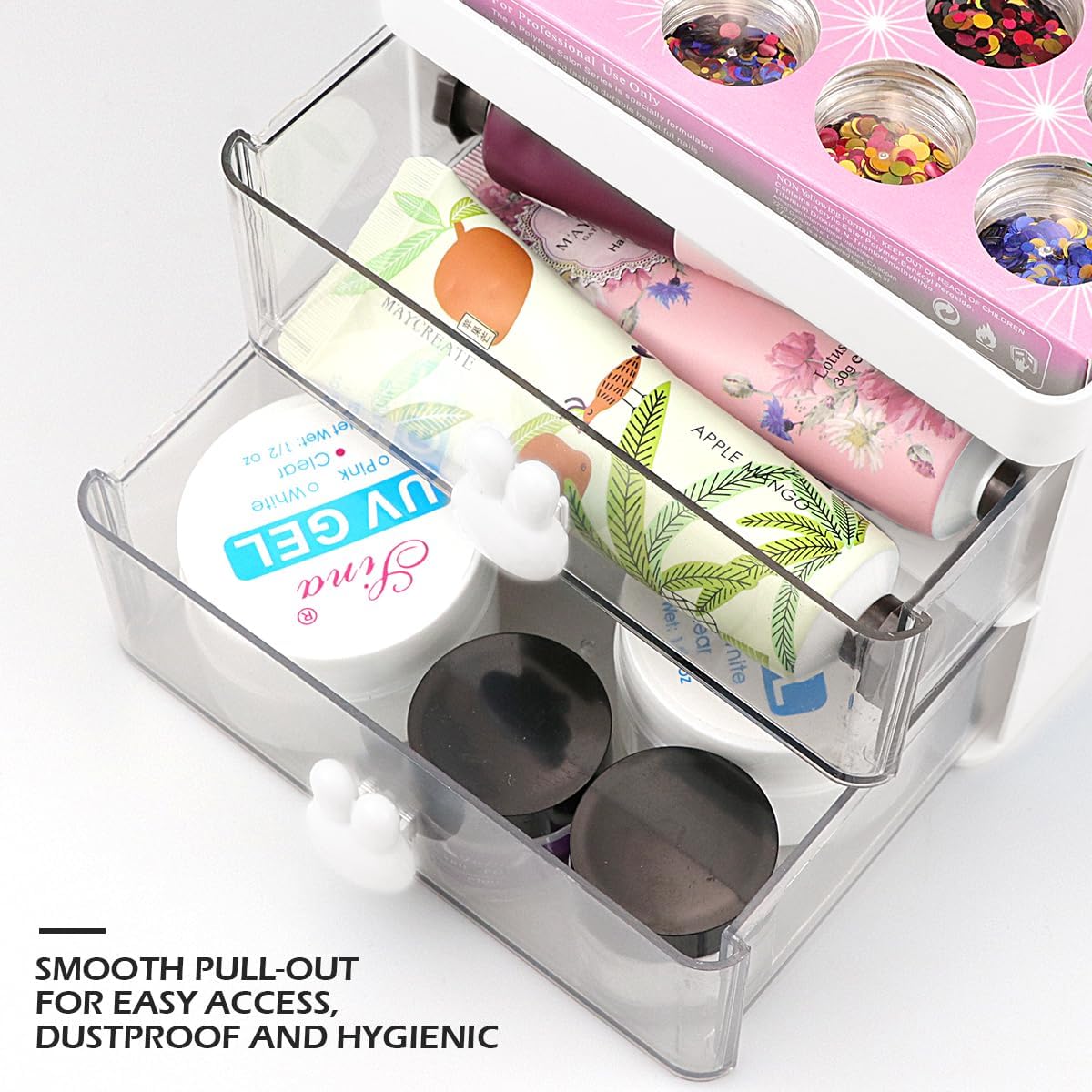3 Layer Plastic Storage Drawer Bunny Transparent Cosmetic Organizer Rabbit Makeup Organizer Storage Container for Office School Home（White）