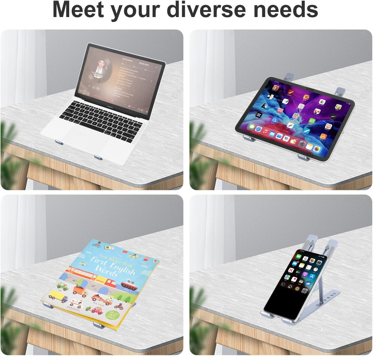 Ergonomic and Foldable Laptop Stand for Desk, Adjustable Riser, Fits All Laptops and Notebooks up to 17,Ultra-Thin,Ventilated Cooling,ABS+Silicone,Silver.
