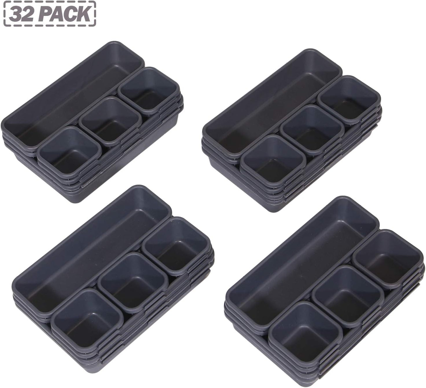 Set of 32 Interlocking Desk Drawer Organizer Tray Dividers Plastic Shallow Narrow Drawers Organizers Separators Storage Bins Container for Kitchen Bathroom Makeup Office Vanity Bedroom Dresser
