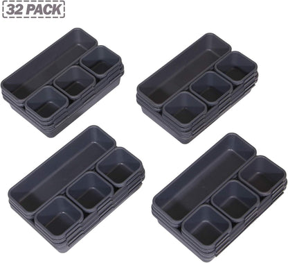 Set of 32 Interlocking Desk Drawer Organizer Tray Dividers Plastic Shallow Narrow Drawers Organizers Separators Storage Bins Container for Kitchen Bathroom Makeup Office Vanity Bedroom Dresser