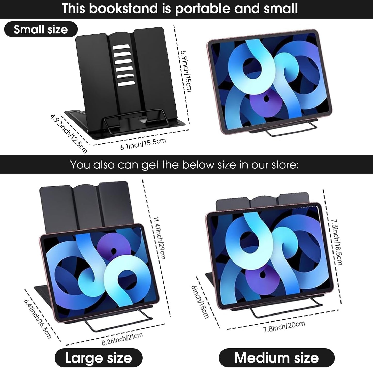 MSDADA Small Desk Book Stand Metal Reading Rest Book Holder Adjustable Cookbook Documents Holder Portable Sturdy Bookstands for Recipes Textbooks Tablet Music Books(White)