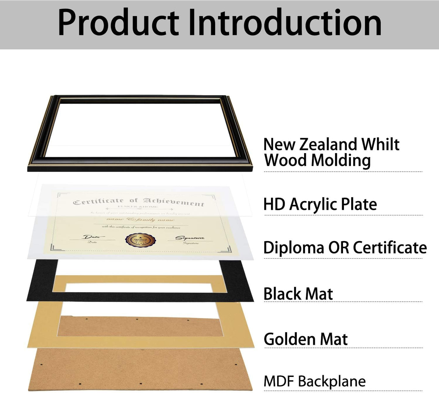 ELSKER&HOME Diploma Frame - Wide Solid Wood Frame - Black Velvet Golden Rim Mat - Semi-Tempered Glass - Includes Hanging Hardware and Desktop Easel(ONLY Display 11×14 Document/Certificate)