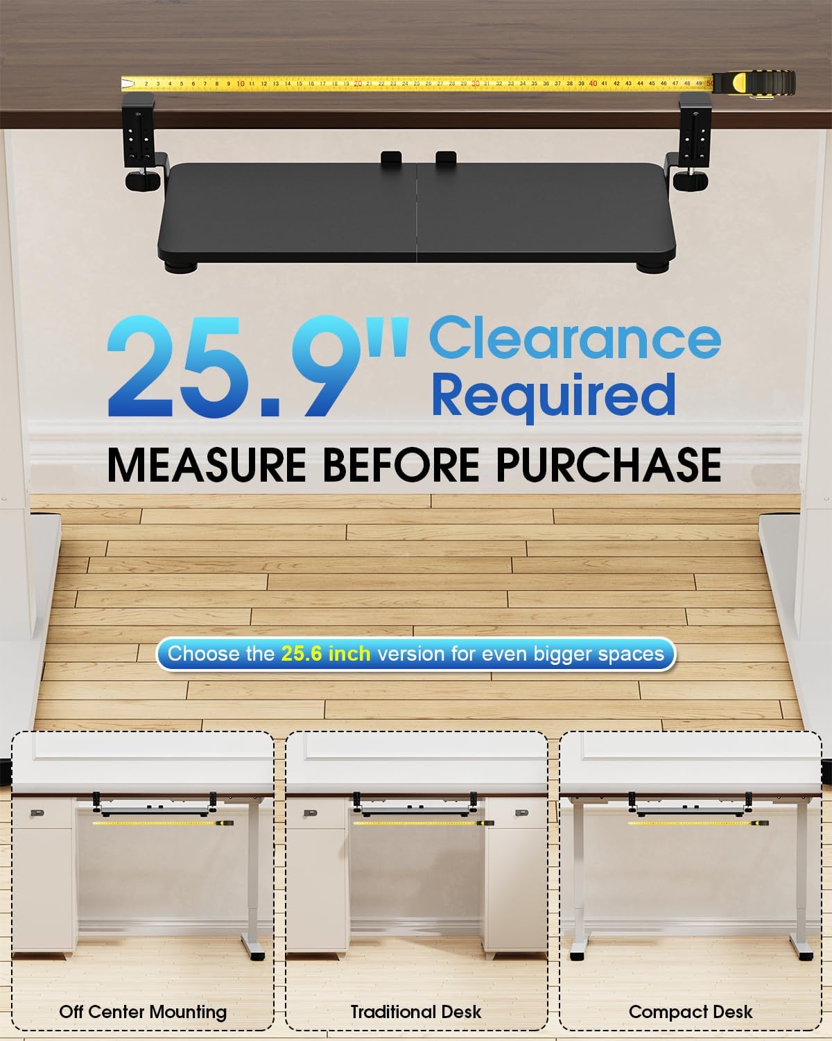 Large Keyboard Tray Under Desk, Pull Out Keyboard & Mouse Tray with Adjustable C-clamp, 25.6(31.5 Including Clamps) x 11.8 Inch Slide Out Computer Keyboard Drawer Mouse Tray for Typing, Brown