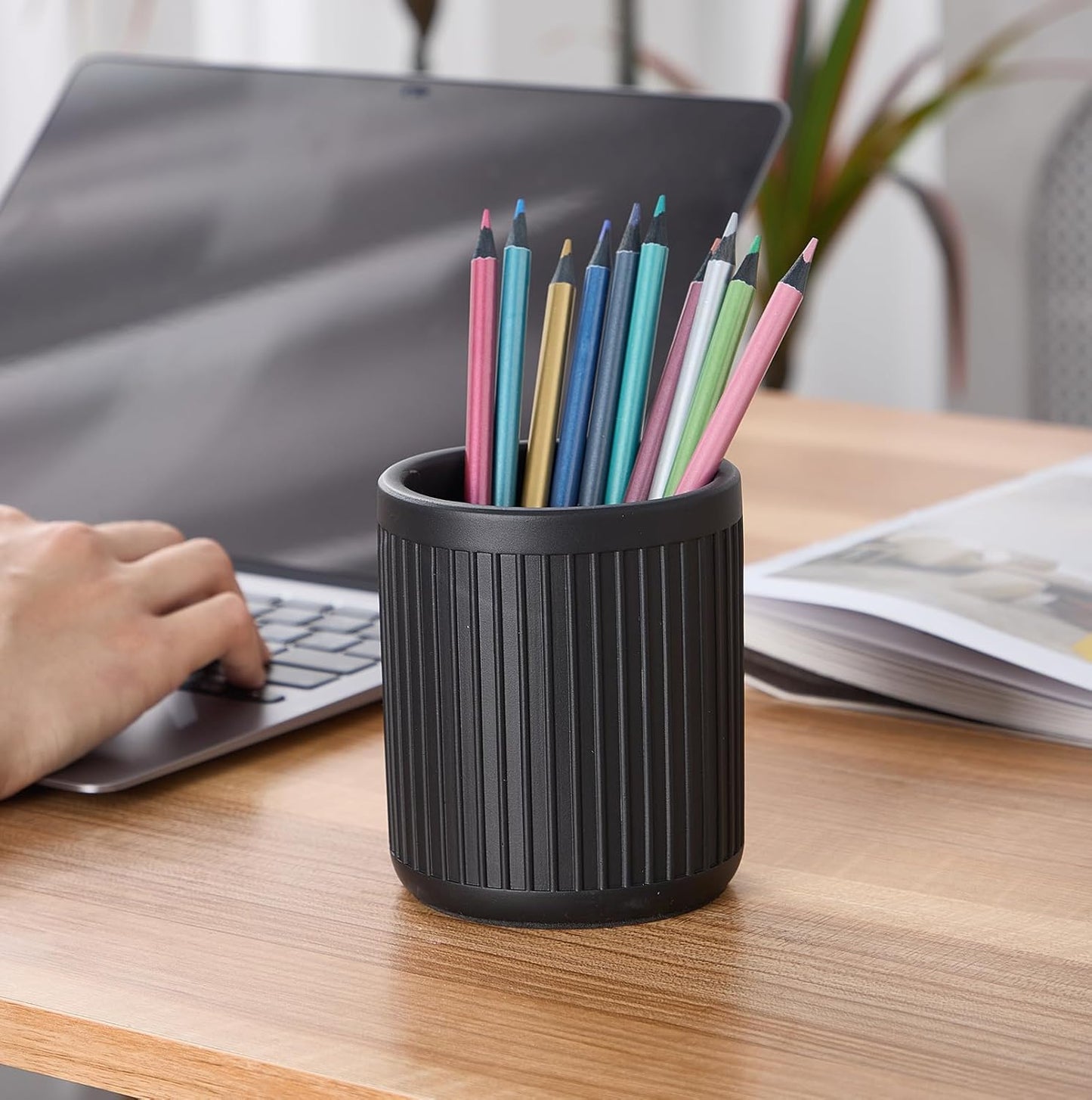 Aotea Crafts - Concrete Modern Industrial Pen Holder for Desk - Aesthetic Minimalist Charcoal Black Pencil Holder for Desk- Handcrafted Cement Fluted Pen Cup Organizer - Sealed & Durable