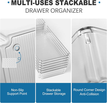 9 PCS Clear Plastic Drawer Organizer Sets, 3 Sizes Vanity Organizer Trays Stackable Storage Bins for Kitchen, Cabinet, Bathroom, Office, Laundry Room Organizing