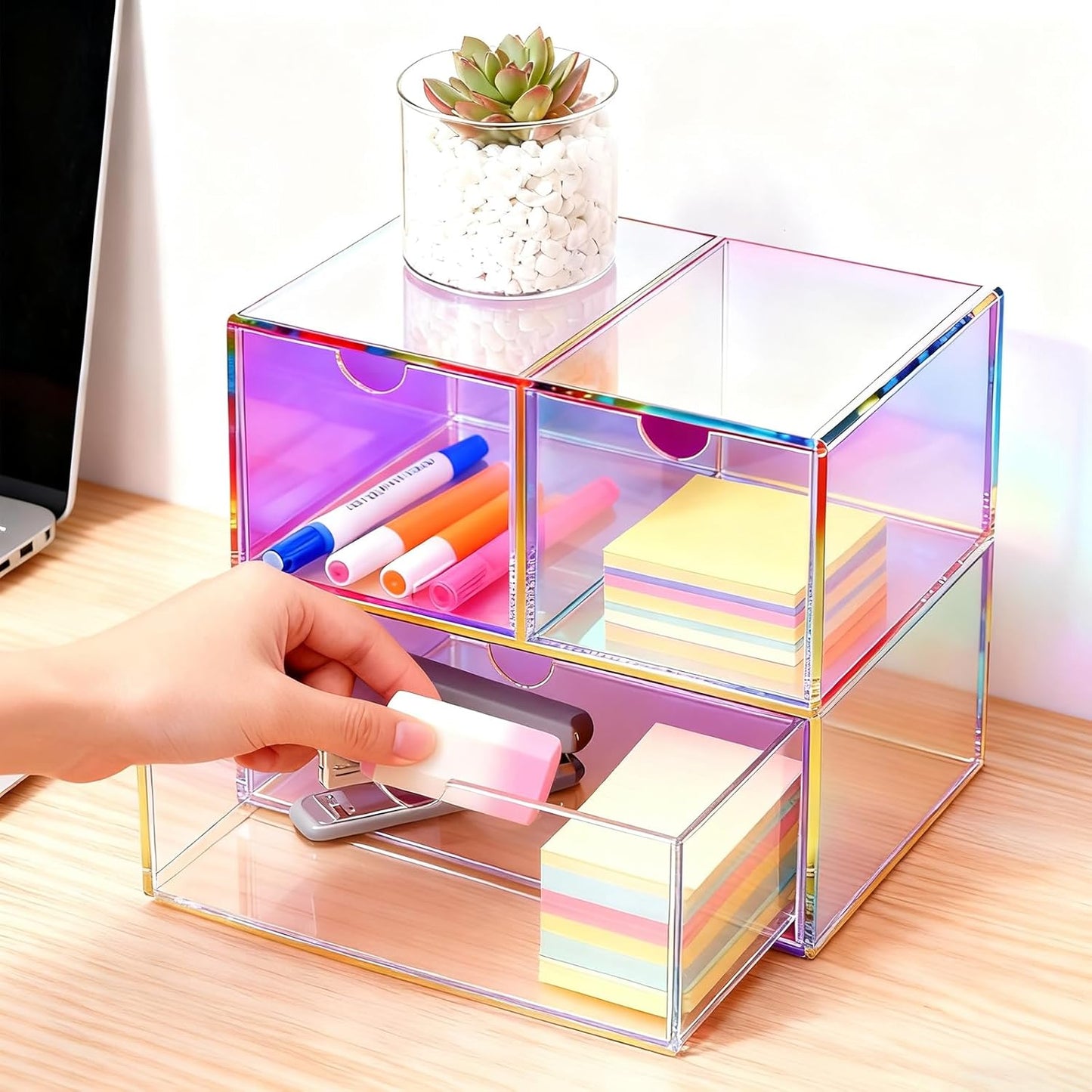 Gelite Desk Organizer with 3 Storage Drawers for Makeup Office Acrylic Desktop Drawer Organizer for Vanity Office Organization and Storage Box, Neon Pink