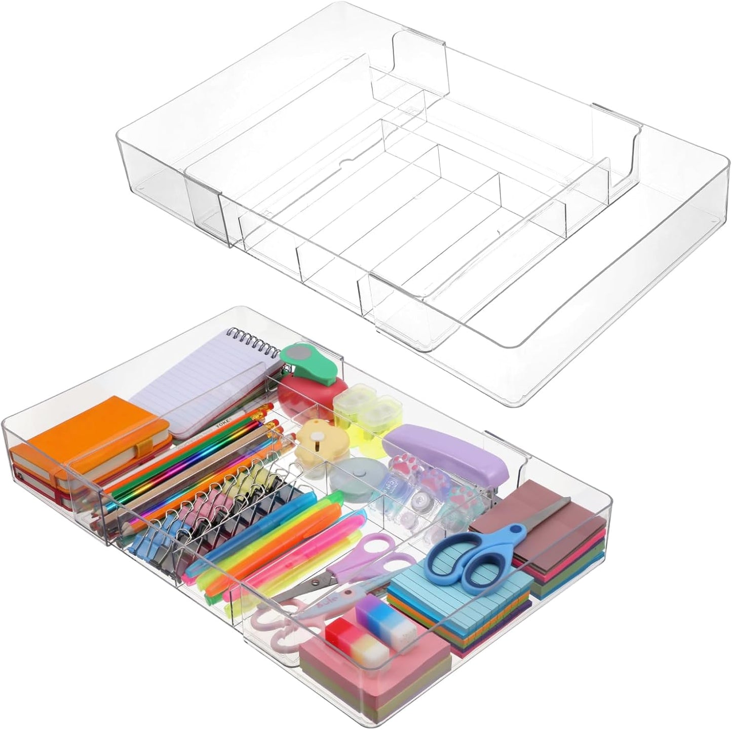 2 Pcs Large Expandable Desk Drawer Organizer, Adjustable Drawer Dividers Tray with Compartments for Organizing Pens, Pencils, Paper Clips and Sticky Notes, Office, Kitchen, Desk Supplies