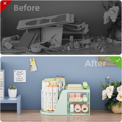 Marbrasse Desk Organizer with 2 Drawer, 360°Rotating Pen Holder, Desk Organizers and Accessories with 6 Slots Pencil Organizer + 2 Drawer, Art Supply Storage Box Caddy for Office (White)